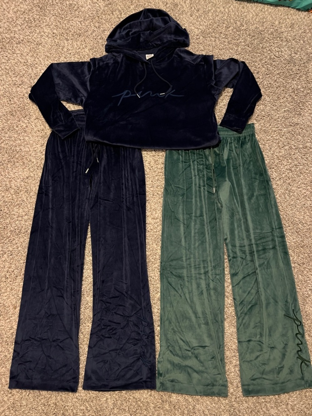 VS Pink Velvet Hoodie & 2 pairs of Lounge Pants Set in Navy and Forest Green